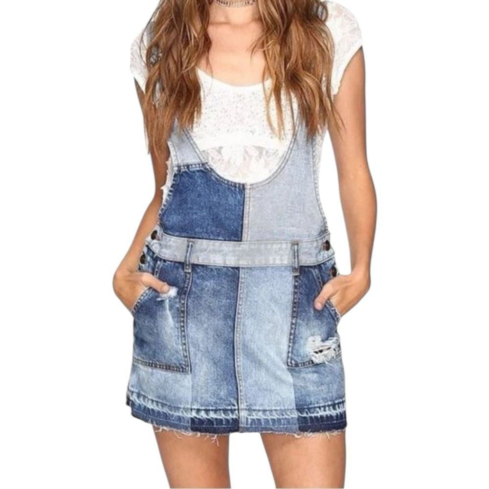 Free People Patchwork Blues Patchwork Light Blue Denim Overall Skirt size small